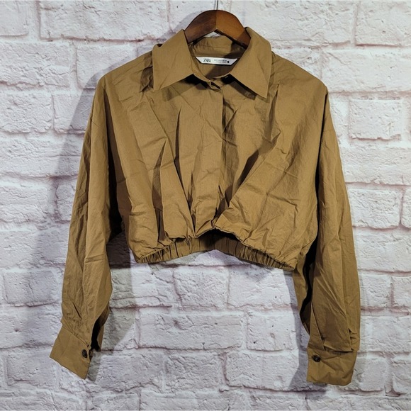 Zara Dark Tan Long Sleeve Cropped Poplin Button Front Shirt - Picture 2 of 14